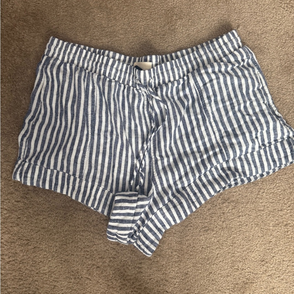 Universal thread High Waist Blue & White Striped linen Shorts 
drawstring waist